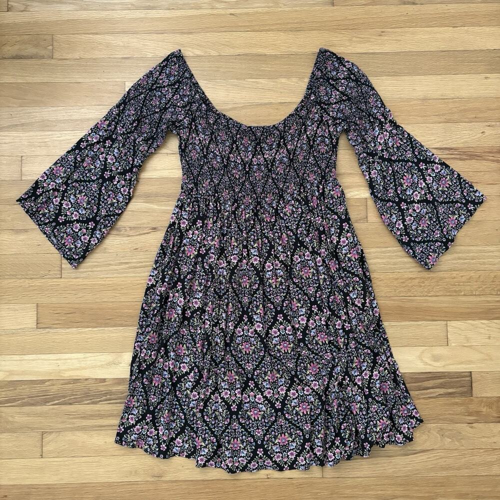 Torrid Womens Size 1 Black Pink Floral Mini Challis Off Shoulder Skater Dress